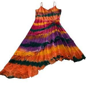 SOL Multi-colored Tie-dyed Ruffle Asymmetrical Dress Boho Hippie Womens XL NWT